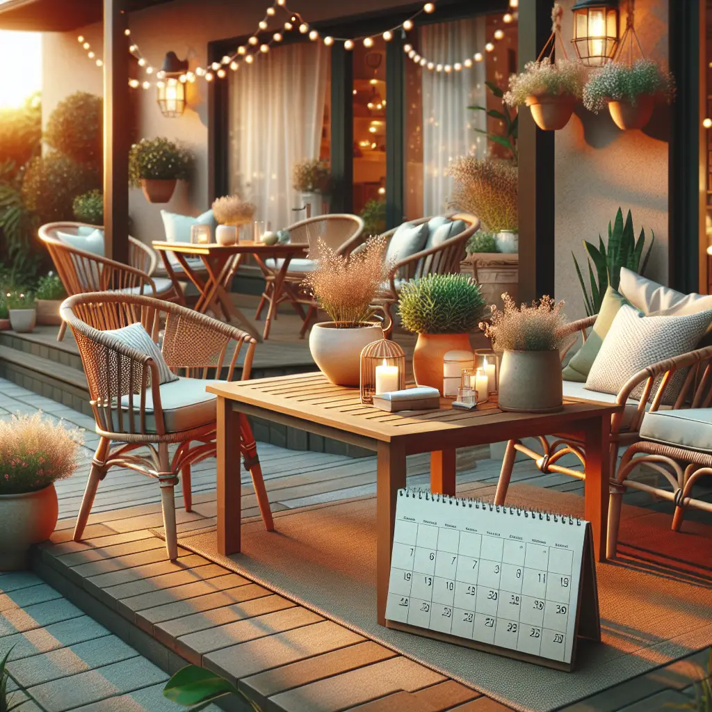A creative and imaginative artistic rendering depicting The Best Time of Year to Buy Outdoor Furniture