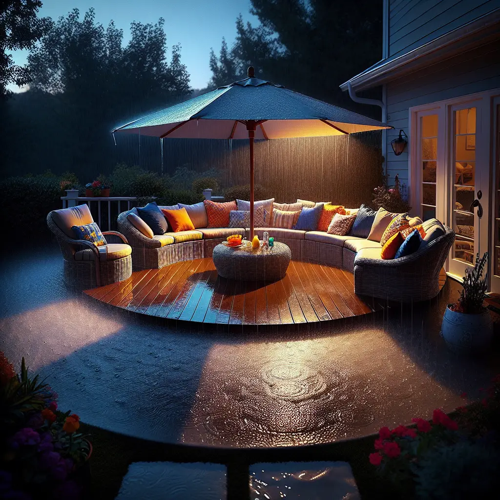 A creative and imaginative artistic rendering depicting Can Outdoor Furniture Get Wet? Yes, sort of...