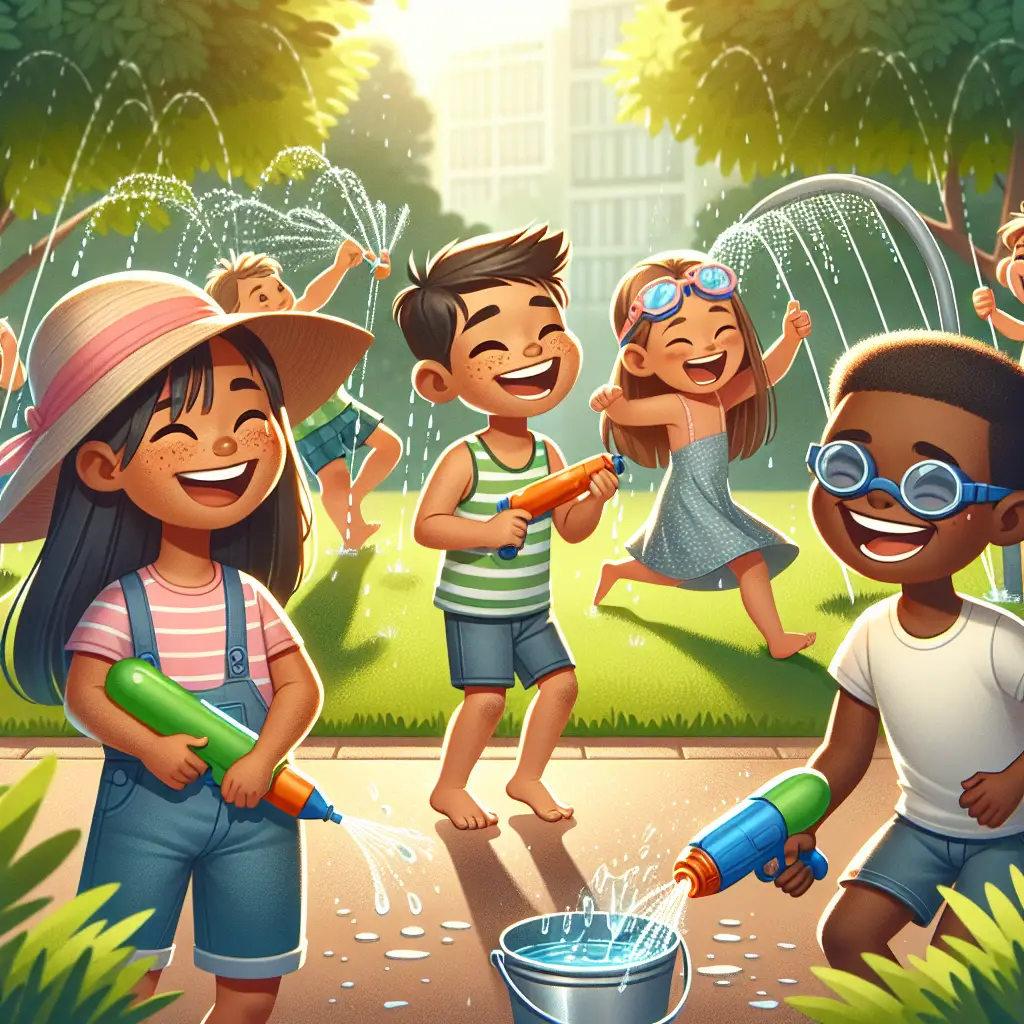 A creative and imaginative artistic rendering depicting 17 Simple and Fun Outdoor Water Games for Kids