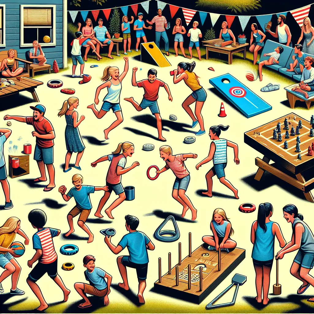 A creative and imaginative artistic rendering depicting The 34 Best Backyard and Camping Games for All Ages, including Kick the can, Sardines, Capture the Flag, Ring Toss, Horseshoes, Kerplunk, Frisbee, Cornhole, Kubb, Spikeball, and more.