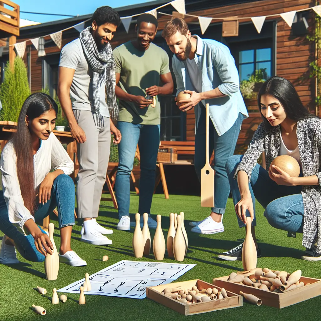 A creative and imaginative artistic rendering depicting How to Play Molkky Yard Game (Rules and Setup)