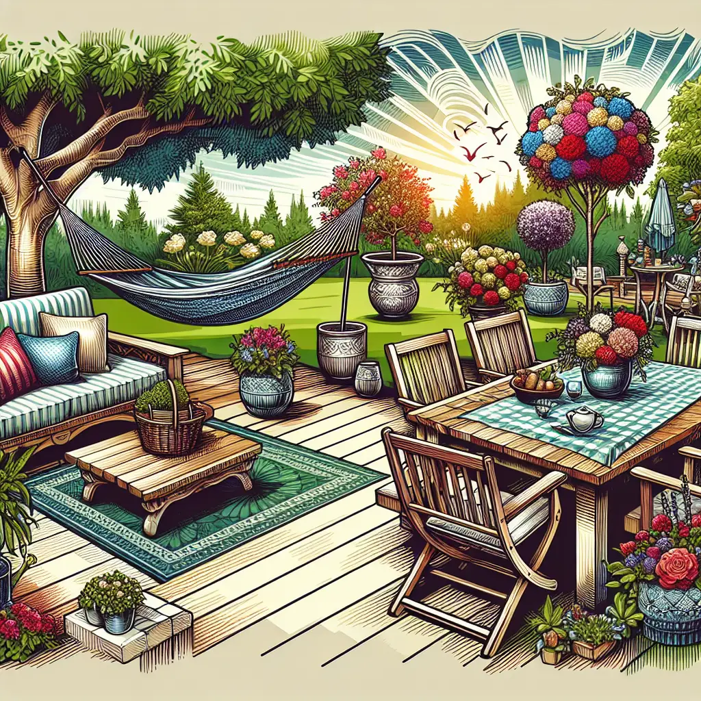 A creative and imaginative artistic rendering depicting 56 Tips to Improve Your Outdoor Living Space