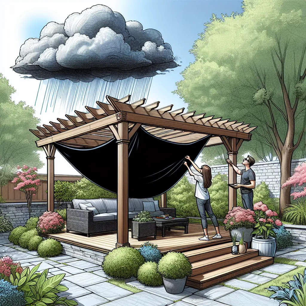 A creative and imaginative artistic rendering depicting How to Cover a Pergola (from sun and rain)