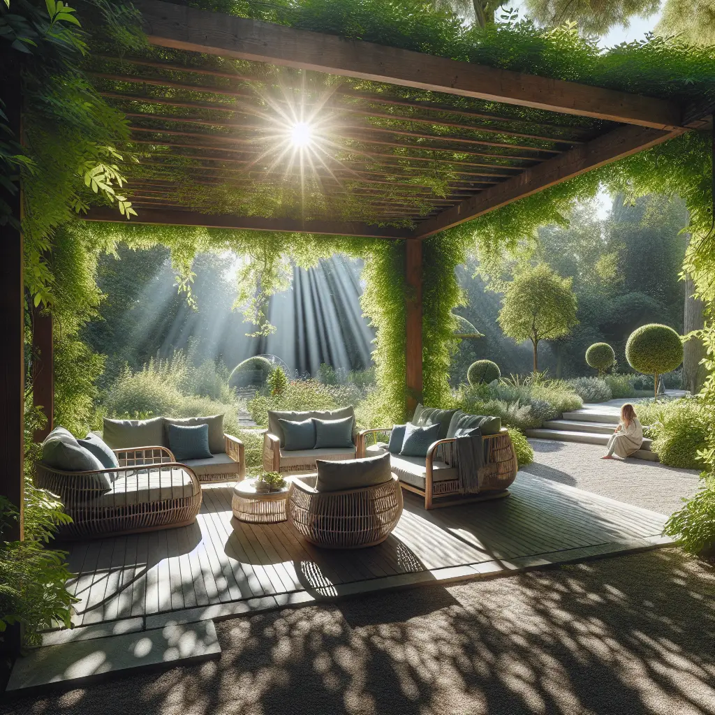 A creative and imaginative artistic rendering depicting How Much Shade Does A Pergola Provide (And how to get more)