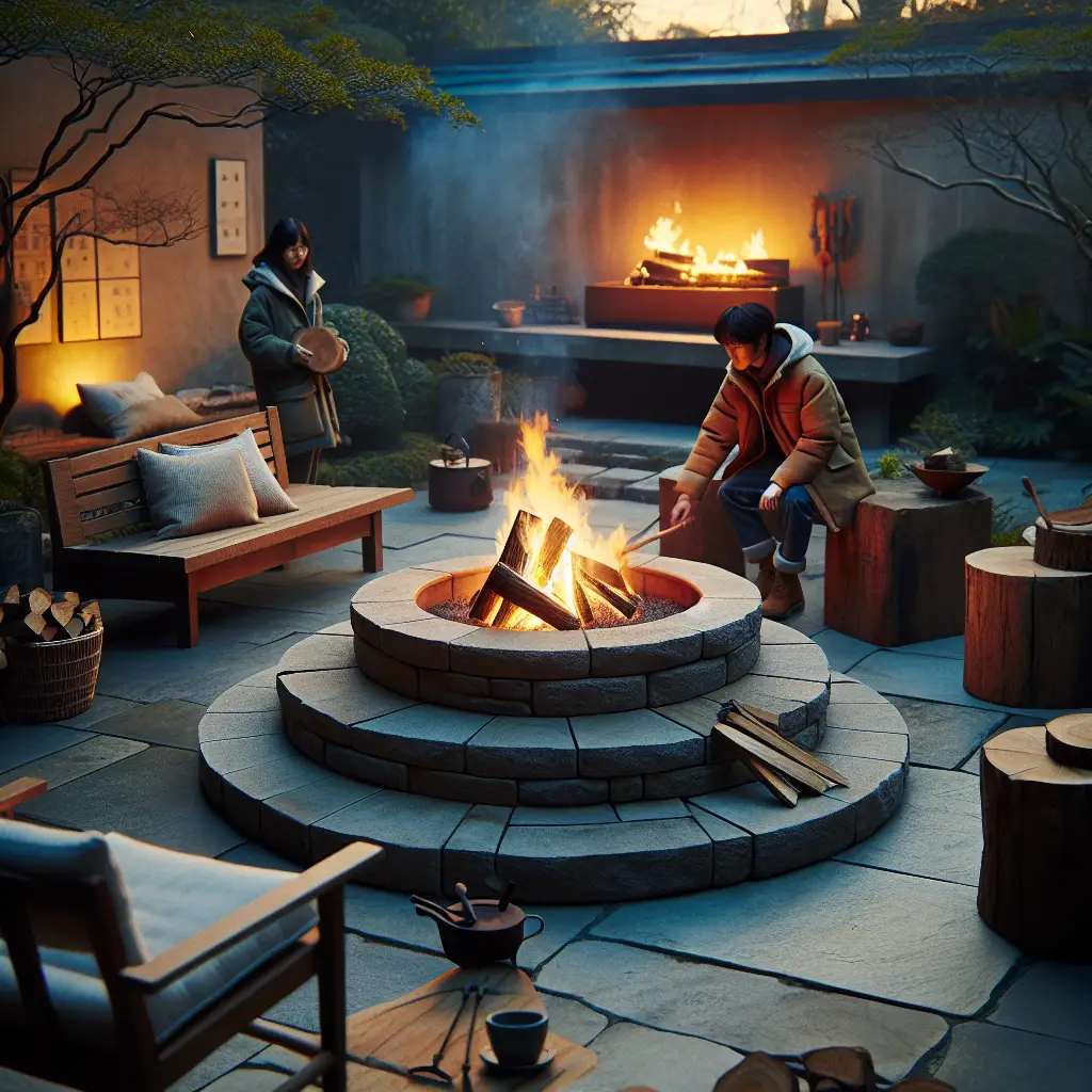 A creative and imaginative artistic rendering depicting How to Light an Outdoor Firepit