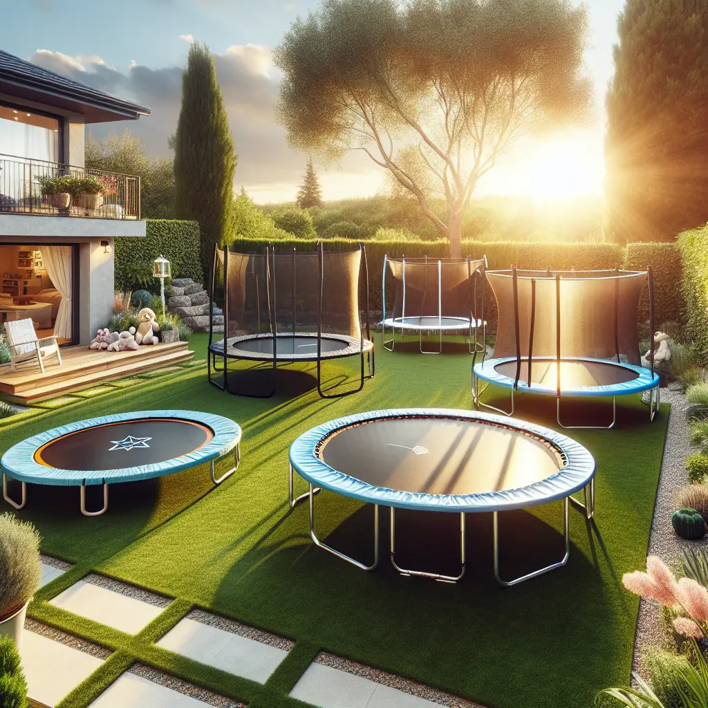 A creative and imaginative artistic rendering depicting The 9 Best Trampolines for Your Backyard