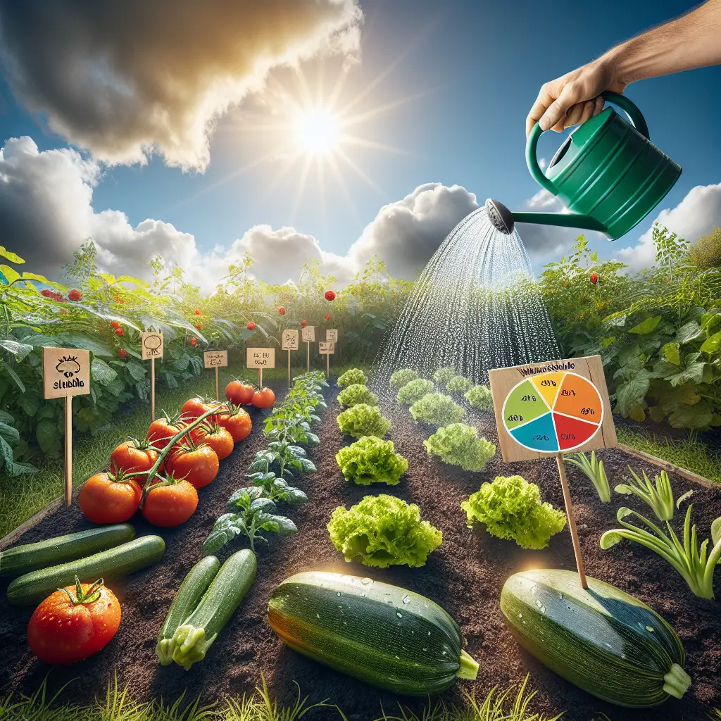 A creative and imaginative artistic rendering depicting How Often To Water A Vegetable Garden
