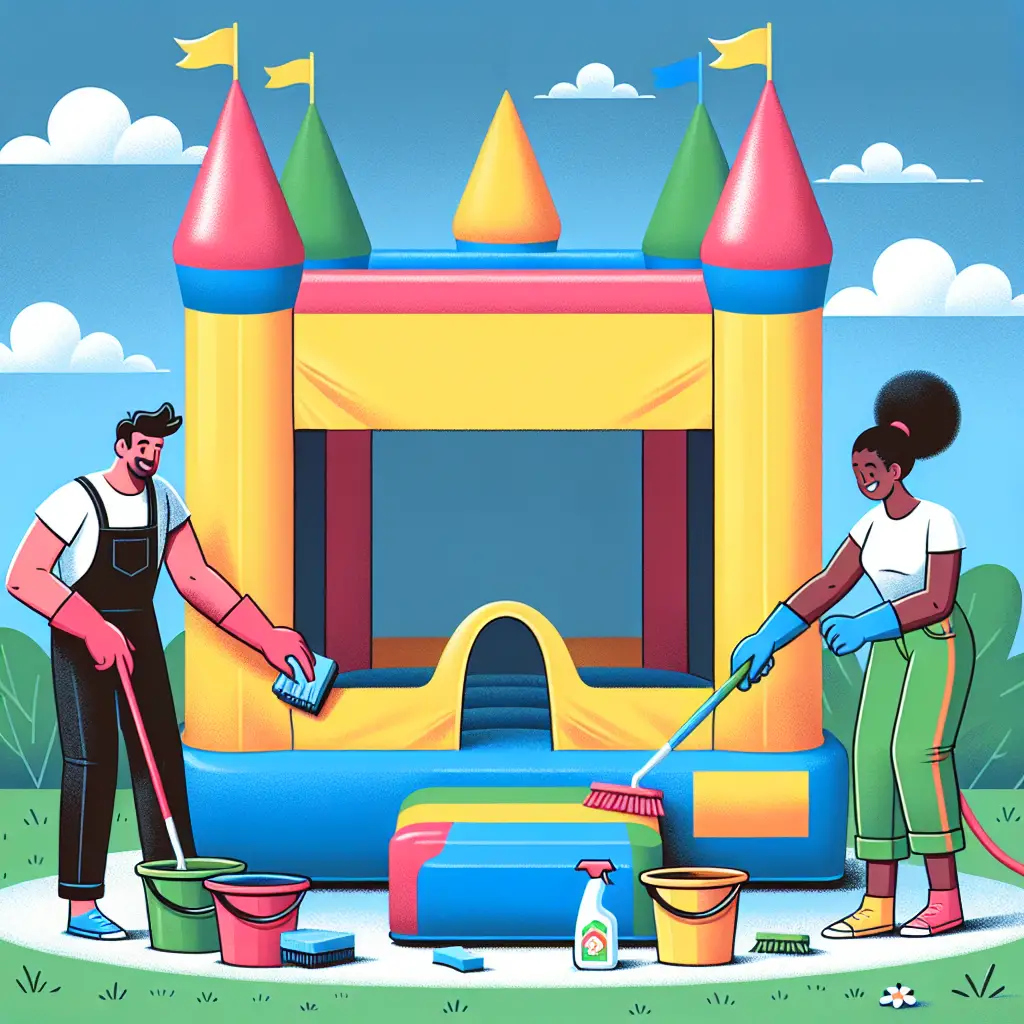 A creative and imaginative artistic rendering depicting How to Clean a Bounce House
