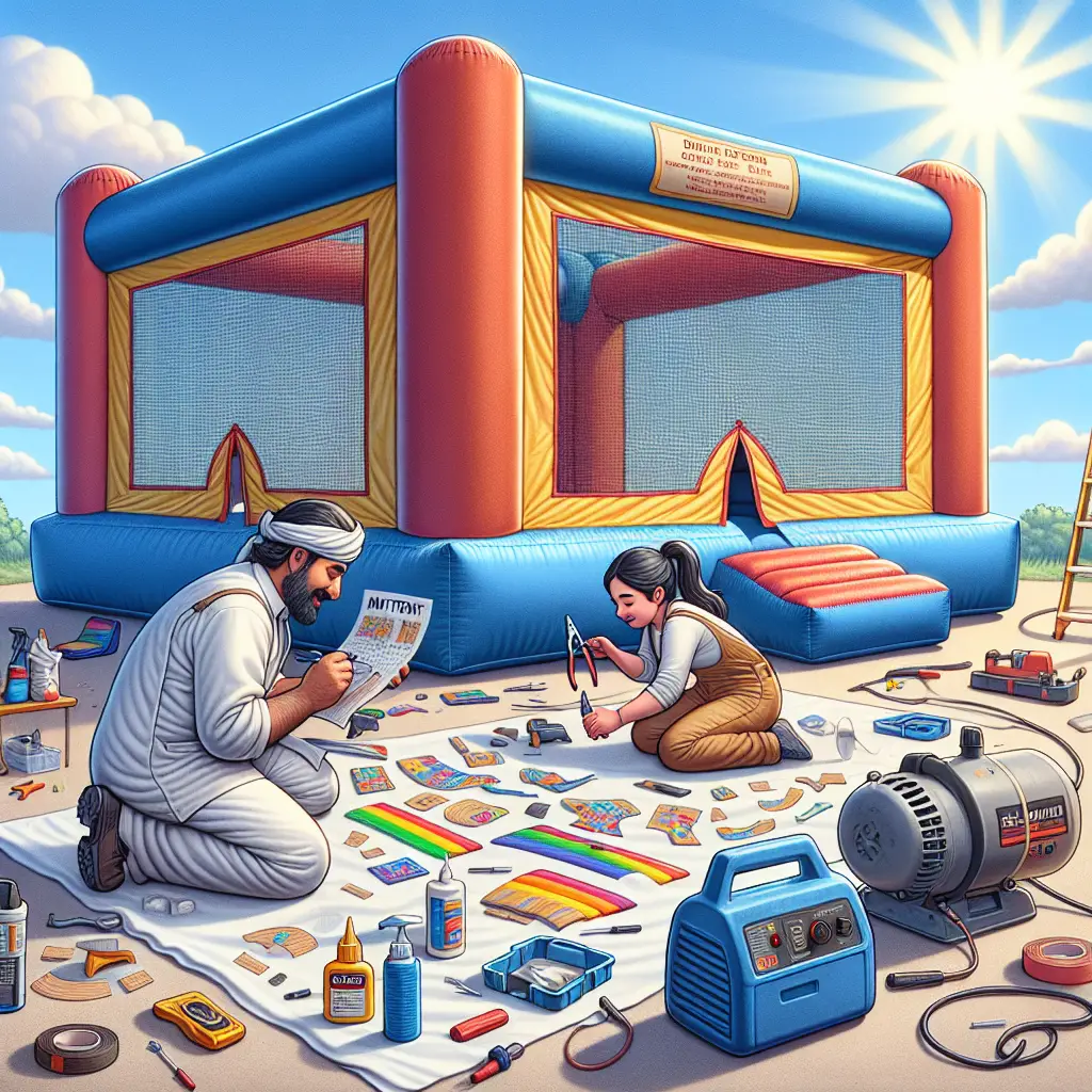 A creative and imaginative artistic rendering depicting How to Repair a Bounce House