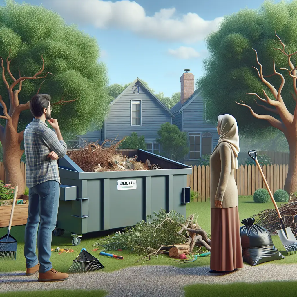 A creative and imaginative artistic rendering depicting Can I Put Yard Waste In A Dumpster Rental?
