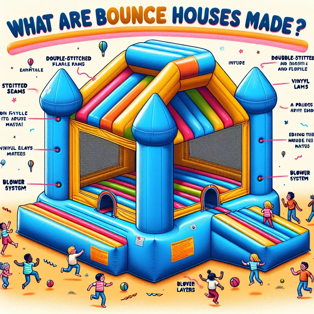 A creative and imaginative artistic rendering depicting What Are Bounce Houses Made Of?