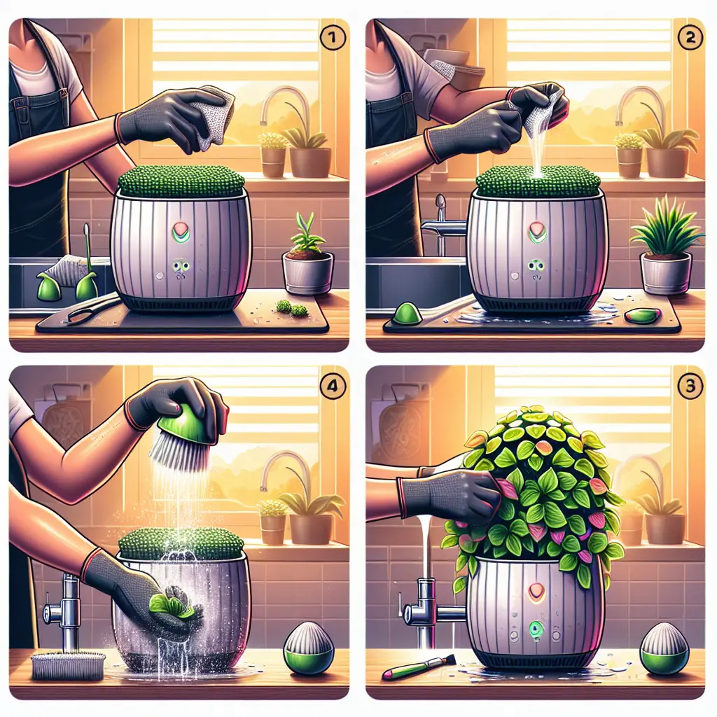 A creative and imaginative artistic rendering depicting How to clean the aerogarden click and grow?