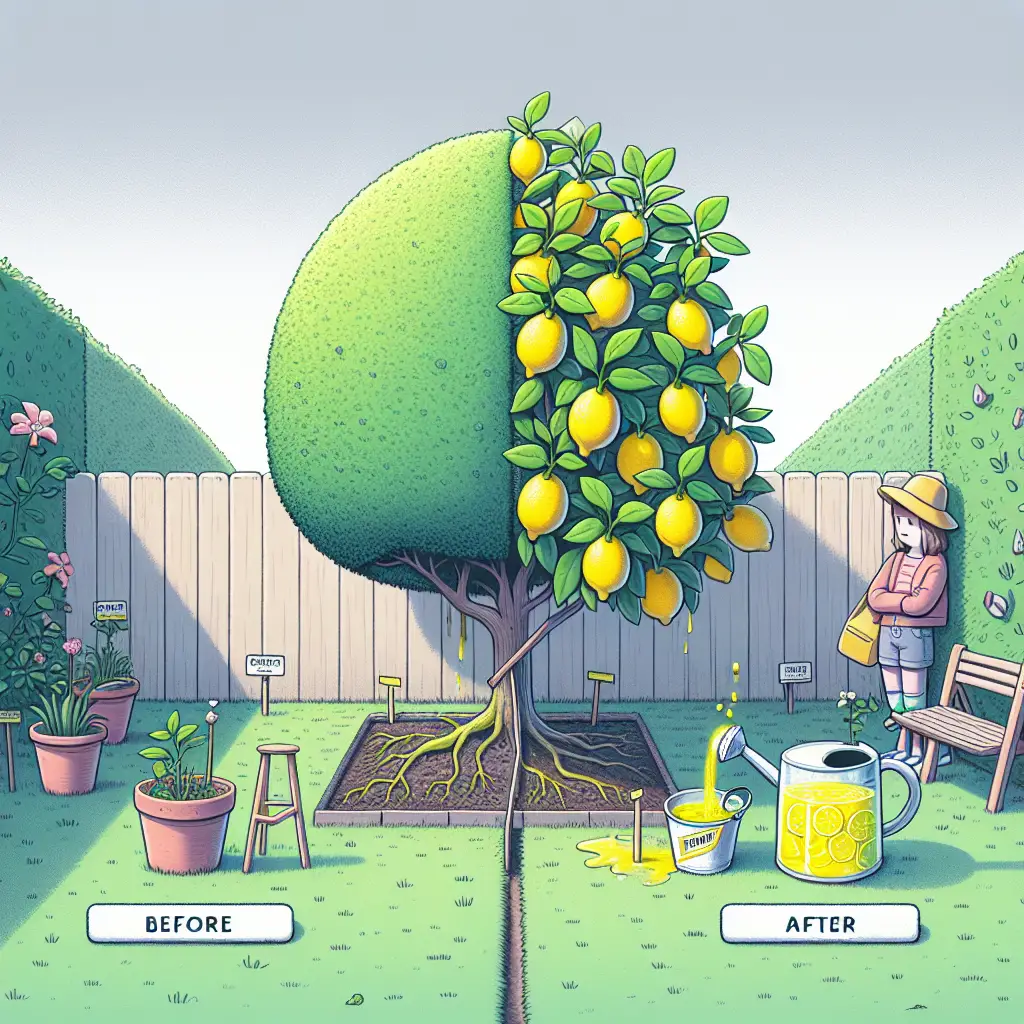 A creative and imaginative artistic rendering depicting Does human urine help lemon trees grow? Should you pee on your tree?