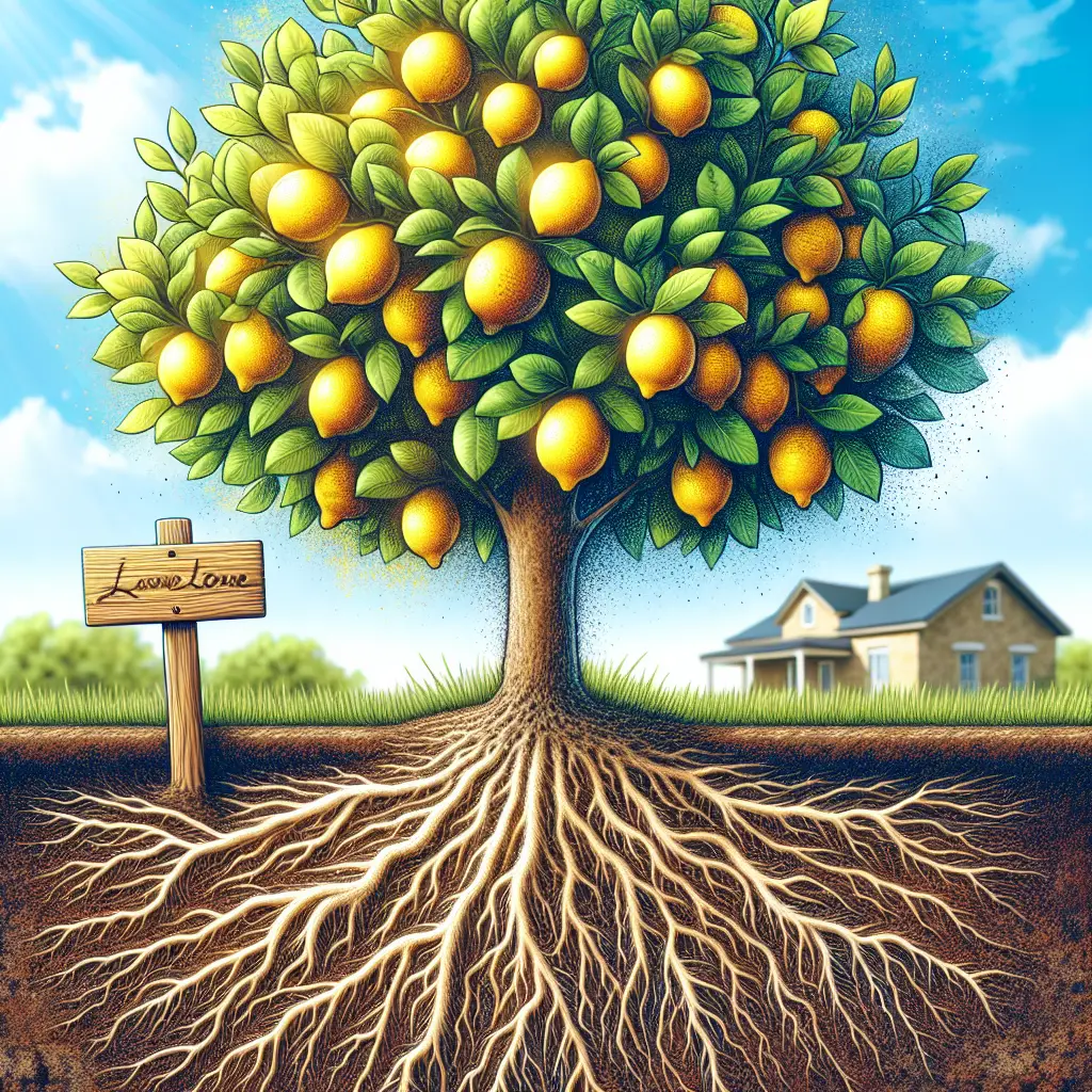 A creative and imaginative artistic rendering depicting Do lemon trees have invasive roots?