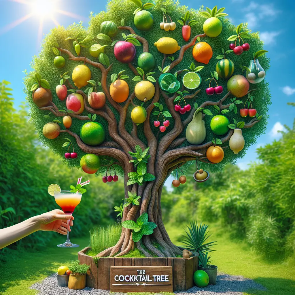 A creative and imaginative artistic rendering depicting how to grow a cocktail tree
