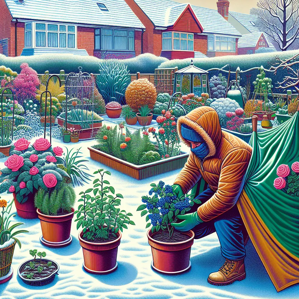 A creative and imaginative artistic rendering depicting how to protect blueberries and other potted plants over winter