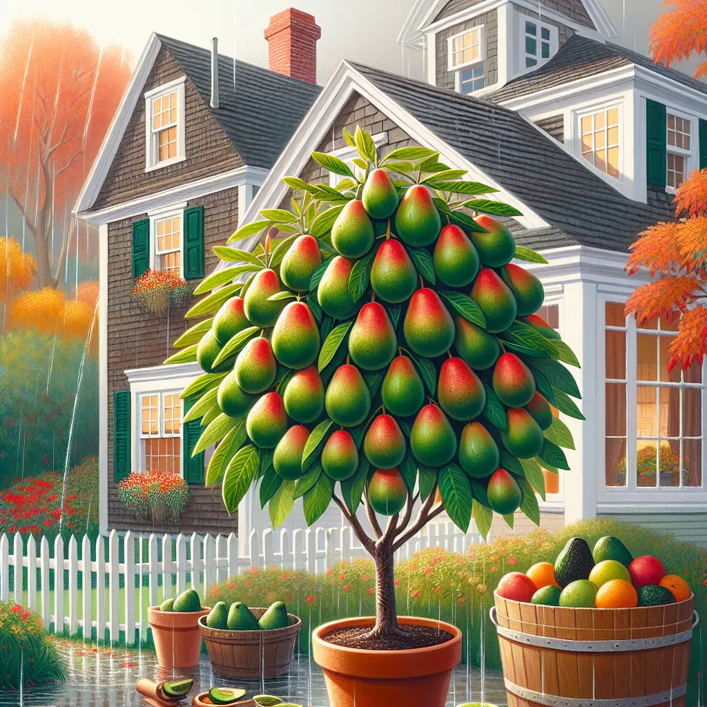 A creative and imaginative artistic rendering depicting how to grow an avocado tree in new england