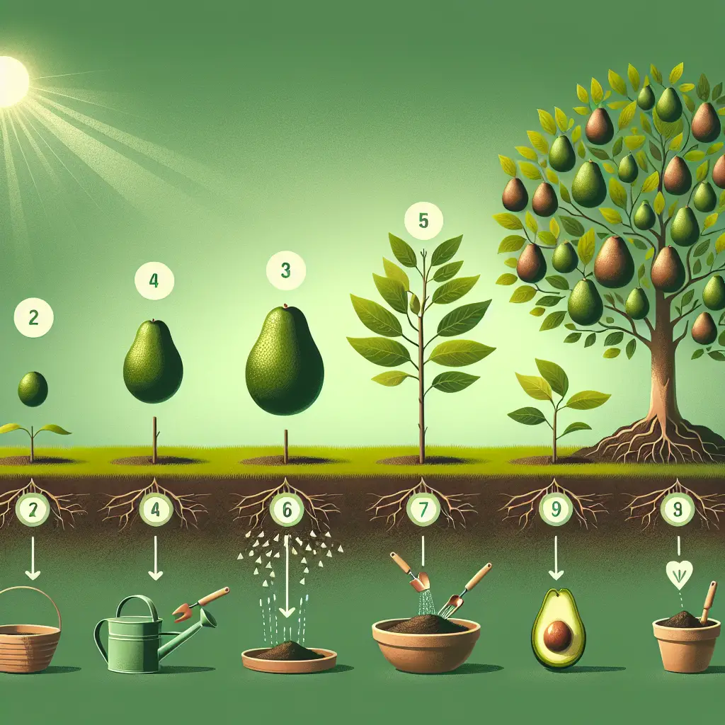 A creative and imaginative artistic rendering depicting How to grow an avocado tree