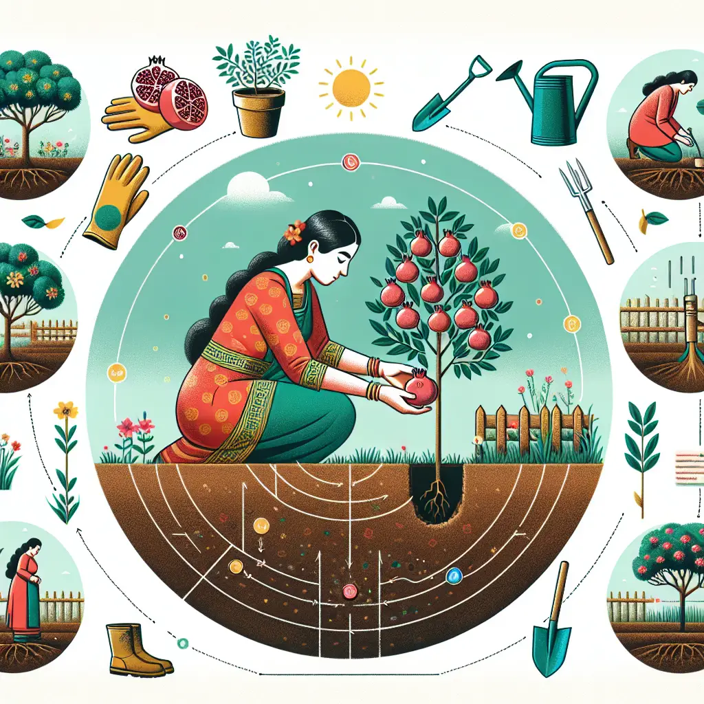 A creative and imaginative artistic rendering depicting when is the best time to plant pomegranate trees