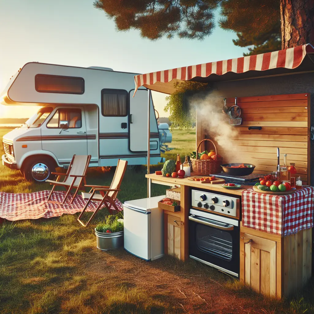 A creative and imaginative artistic rendering depicting 7 RV Outdoor Kitchen Mods