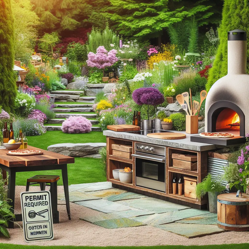 A creative and imaginative artistic rendering depicting Do you need a permit for an outdoor kitchen