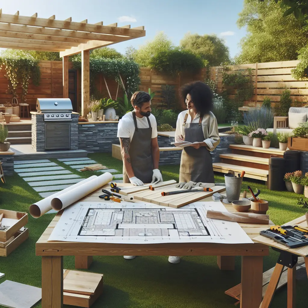 A creative and imaginative artistic rendering depicting How to build an affordable outdoor kitchen (DIY)