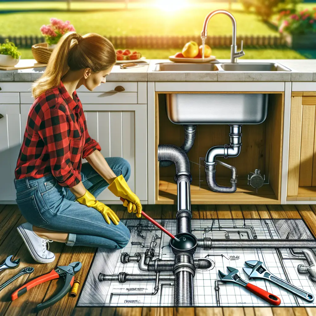 A creative and imaginative artistic rendering depicting how to drain outdoor kitchen sink