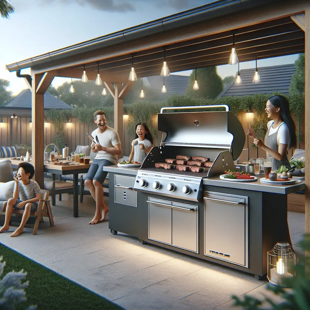 A creative and imaginative artistic rendering depicting does traeger make an outdoor kitchen