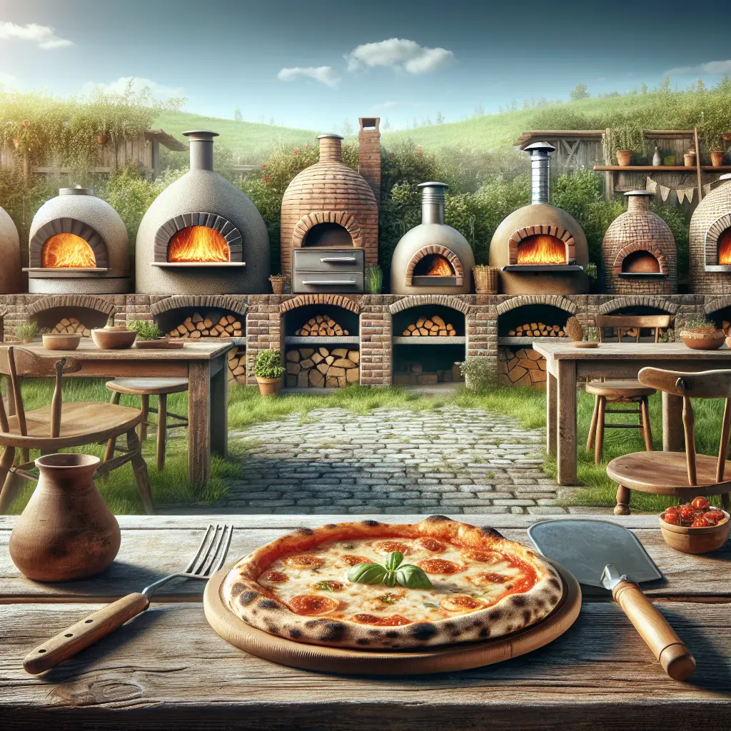 A creative and imaginative artistic rendering depicting 16 Best Pizza Ovens for Outdoor Kitchen