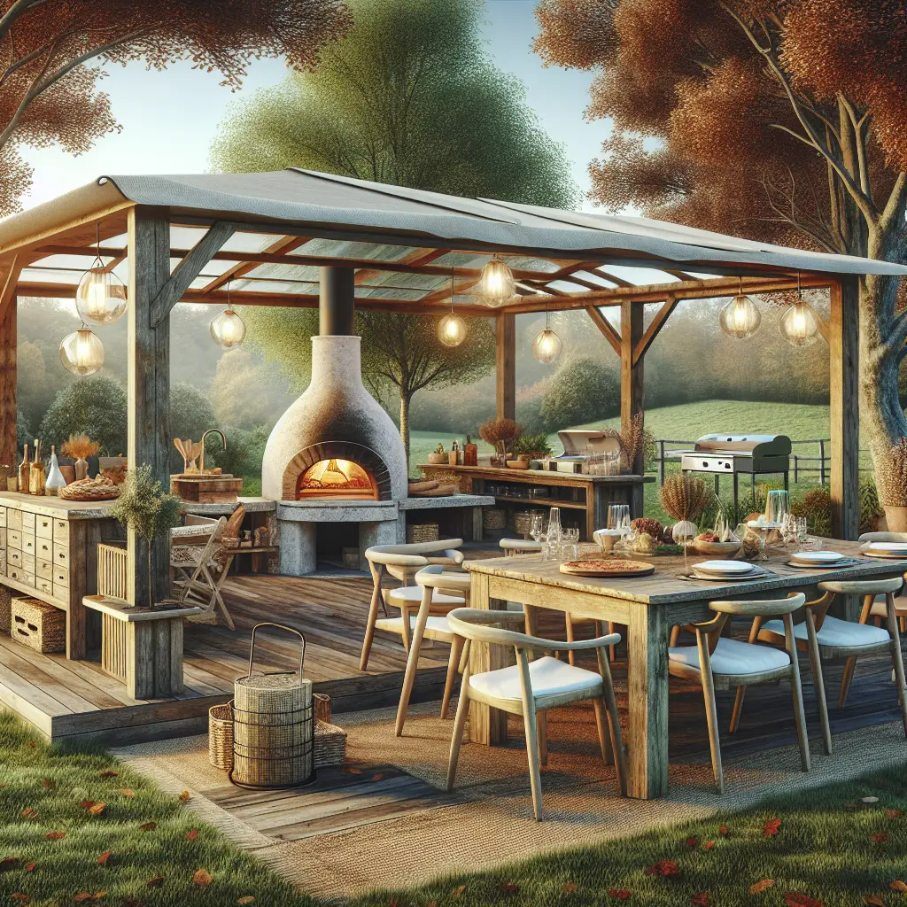 A creative and imaginative artistic rendering depicting 9 Incredible Covered Outdoor Kitchen Ideas