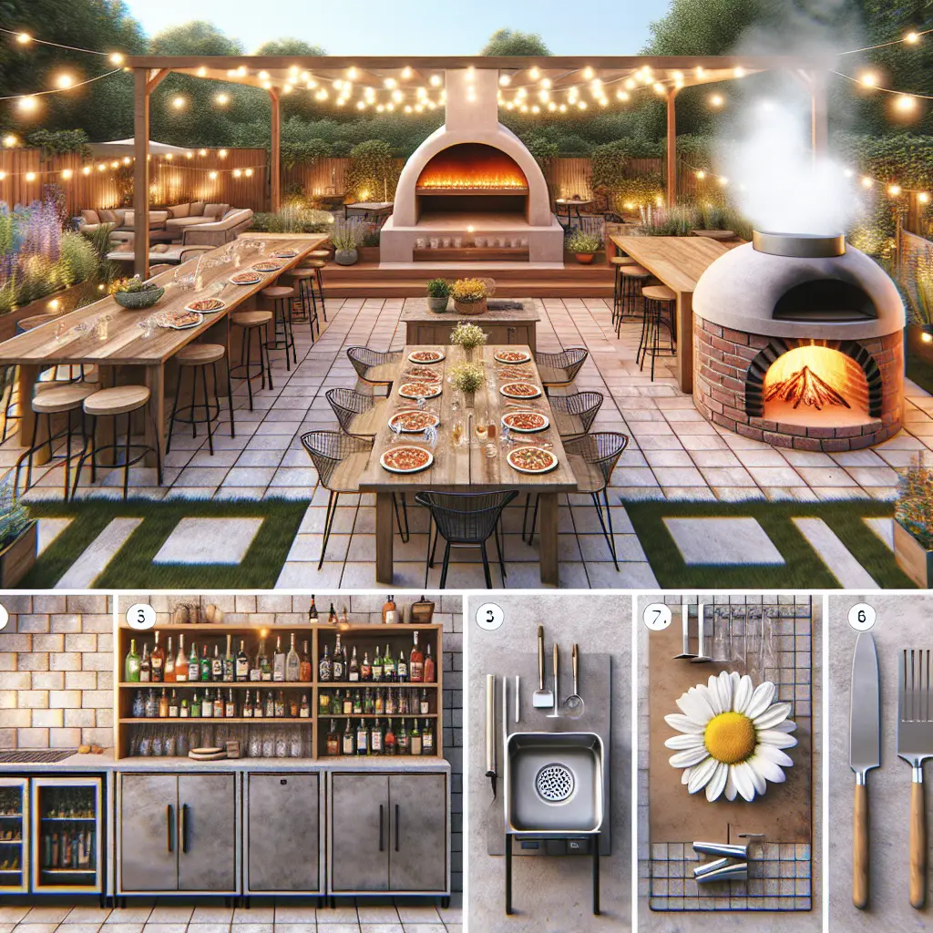 A creative and imaginative artistic rendering depicting 7 Simple Outdoor Kitchen Ideas