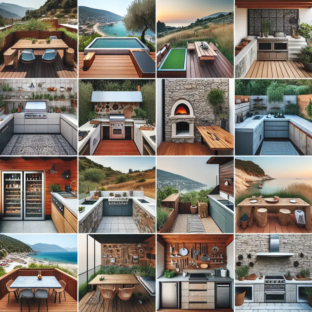 A creative and imaginative artistic rendering depicting 12 Greatest Small Outdoor Kitchen Ideas