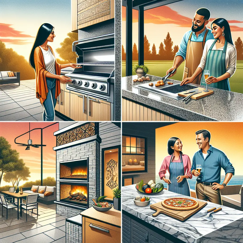 A creative and imaginative artistic rendering depicting 6 Best Materials to Use for Outdoor Kitchen Countertops