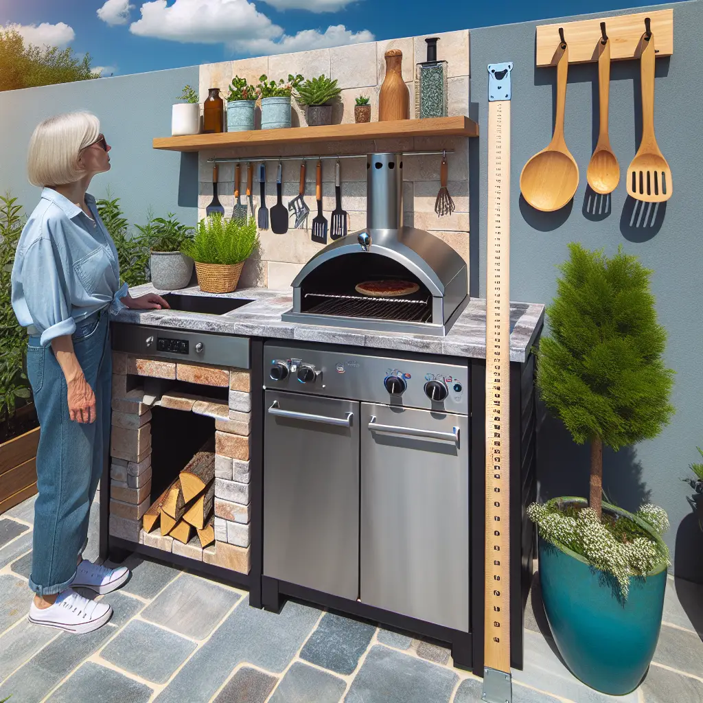 A creative and imaginative artistic rendering depicting How tall are outdoor kitchens