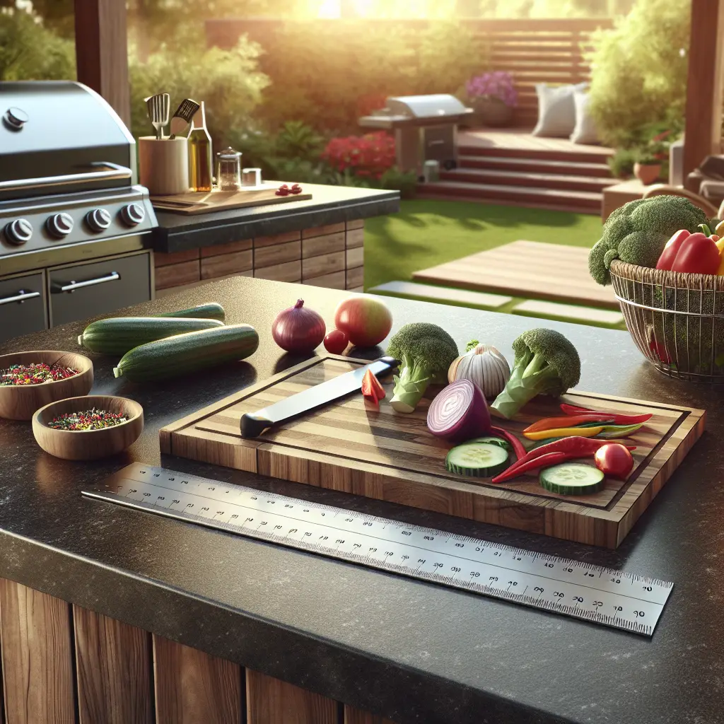 A creative and imaginative artistic rendering depicting how deep should an outdoor kitchen counter be