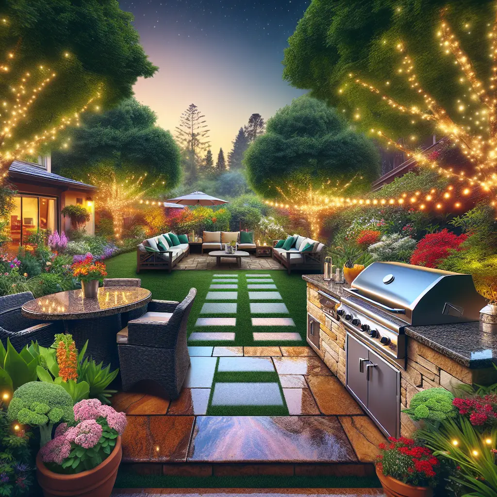 A creative and imaginative artistic rendering depicting do outdoor kitchens add value to your home
