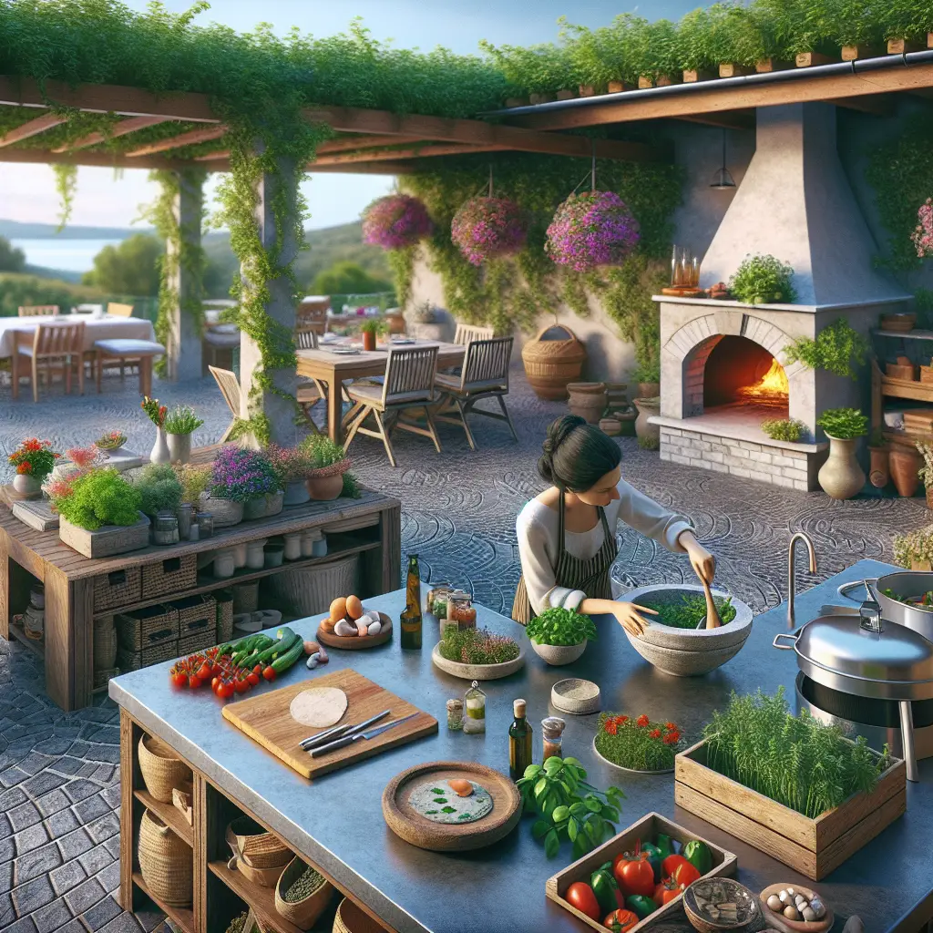 A creative and imaginative artistic rendering depicting What to put in an outdoor kitchen