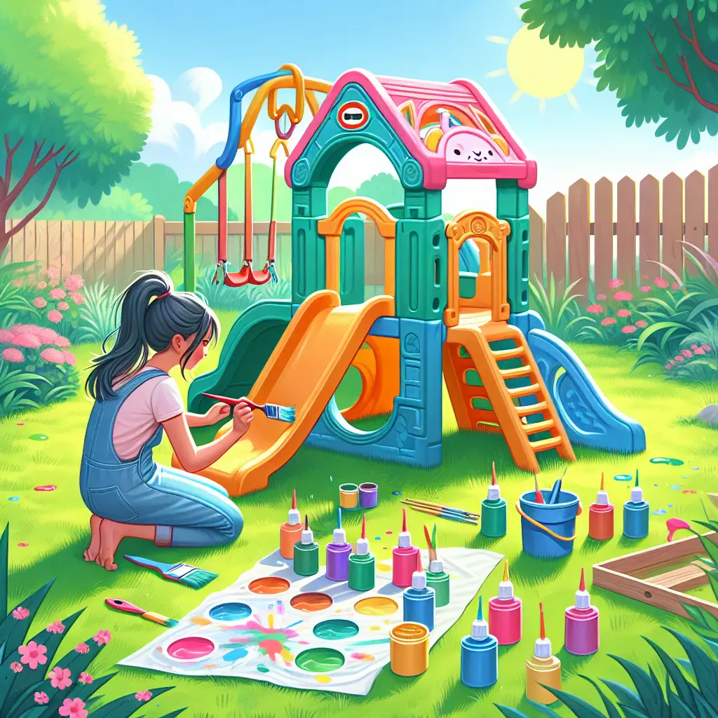 A creative and imaginative artistic rendering depicting can you paint plastic little tikes outdoor toys