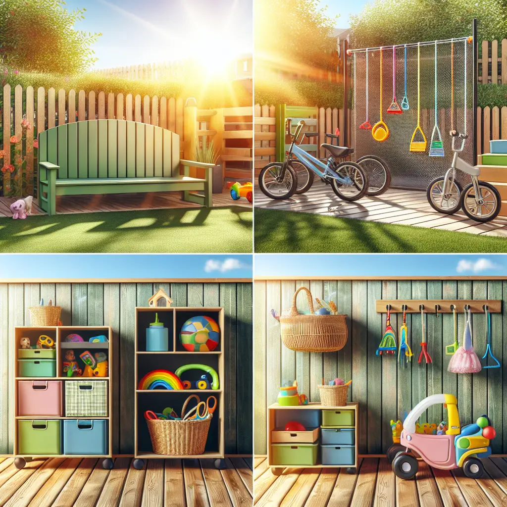 A creative and imaginative artistic rendering depicting 6 Best Outdoor Toy Storage Ideas