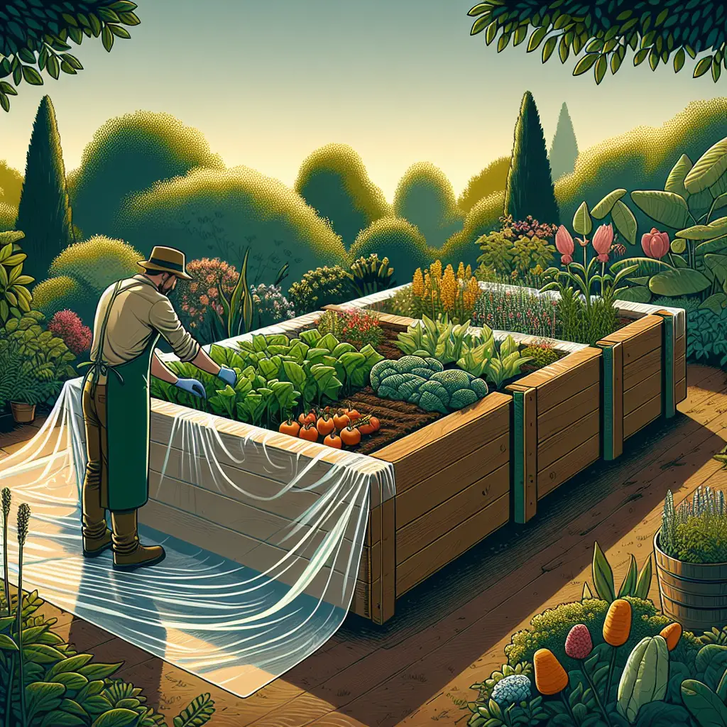 A creative and imaginative artistic rendering depicting Can you line a raised garden bed with plastic