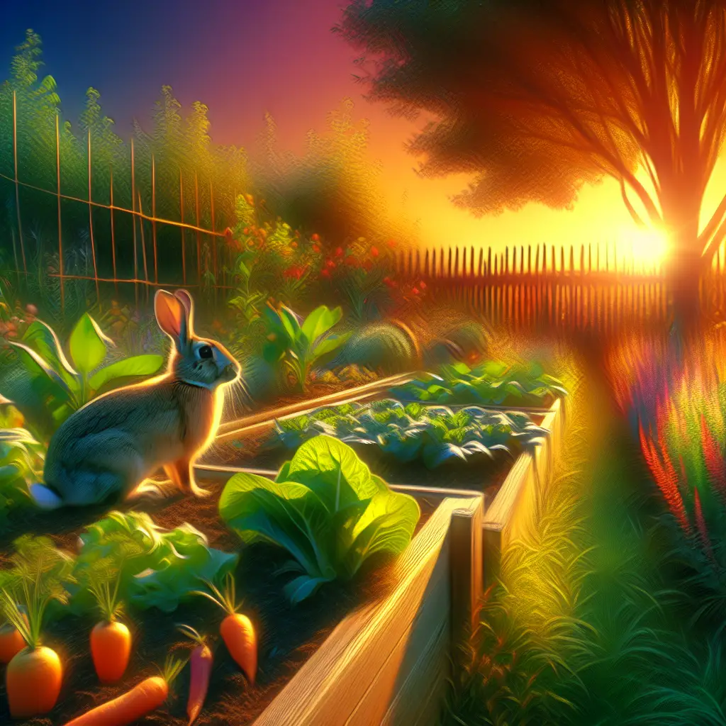 A creative and imaginative artistic rendering depicting do rabbits get into raised garden beds