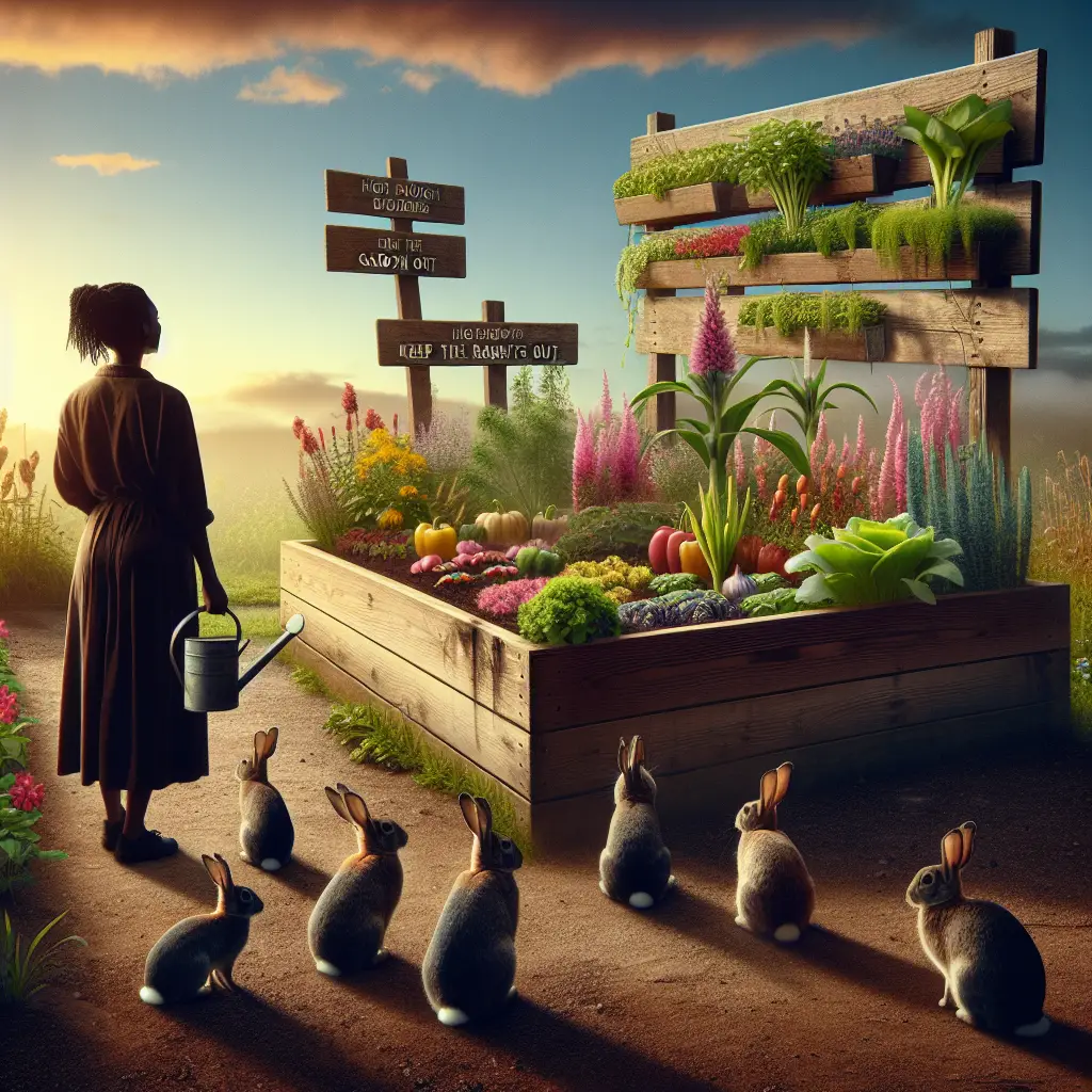 A creative and imaginative artistic rendering depicting how high does a raised garden need to be to keep rabbits out