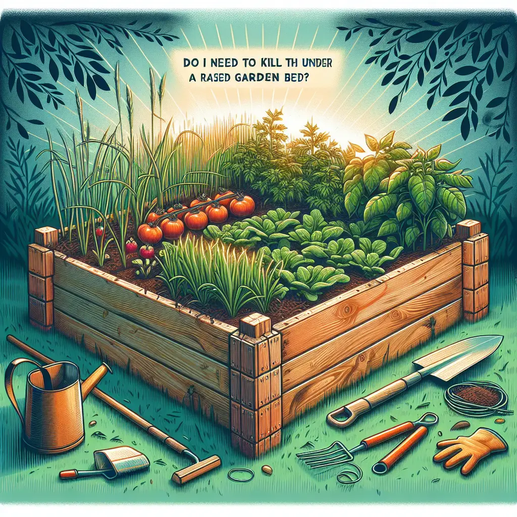 A creative and imaginative artistic rendering depicting do i need to kill the grass under a raised garden bed