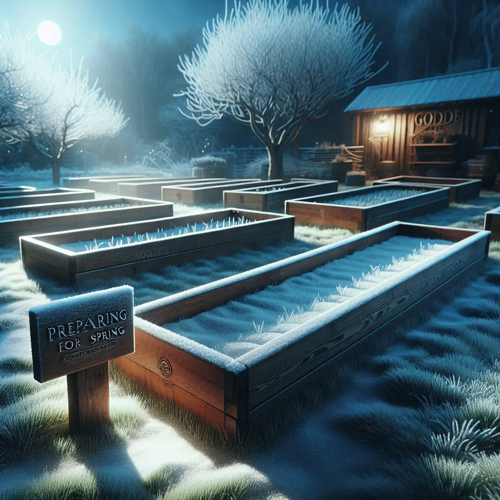 A creative and imaginative artistic rendering depicting what to do with raised garden beds in winter