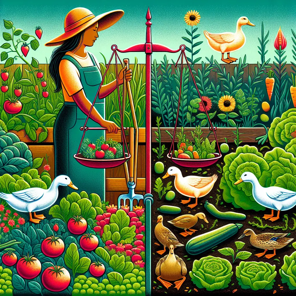A creative and imaginative artistic rendering depicting Pros and Cons of Gardening with Ducks