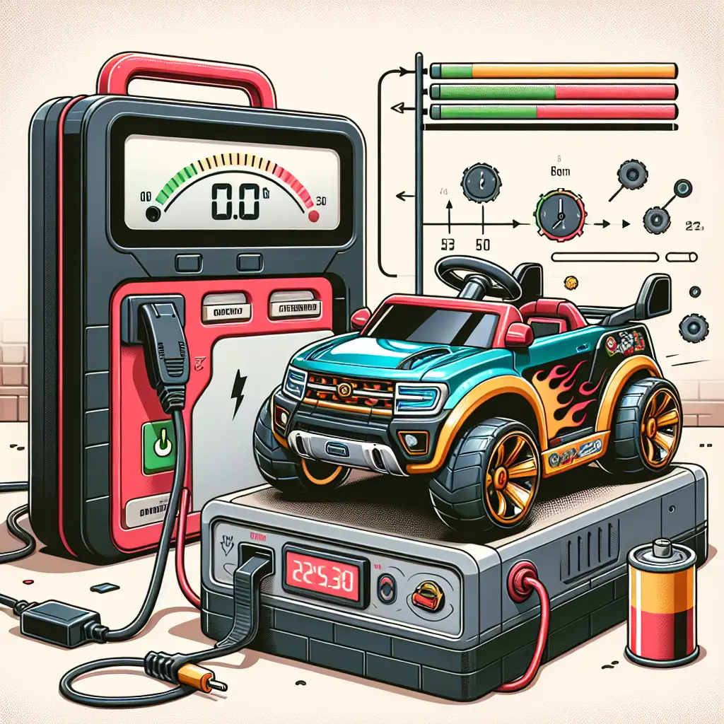 A creative and imaginative artistic rendering depicting how long does it take to charge power wheels battery