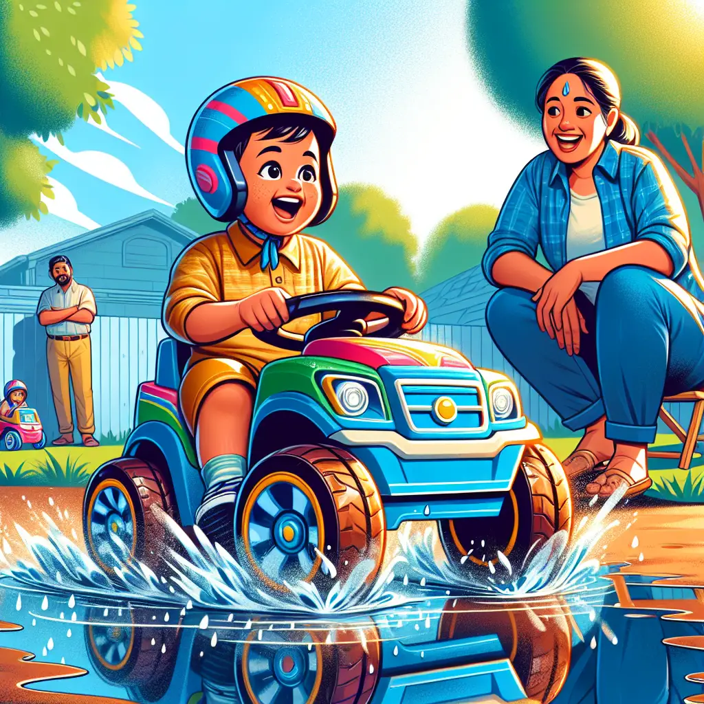 A creative and imaginative artistic rendering depicting Can Power Wheels Get Wet