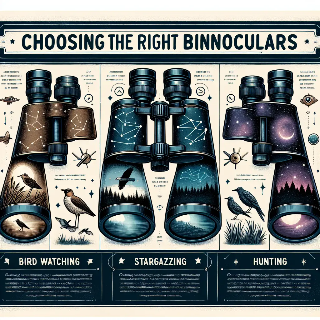 A creative and imaginative artistic rendering depicting Choosing the right binoculars for bird watching, stargazing, and hunting