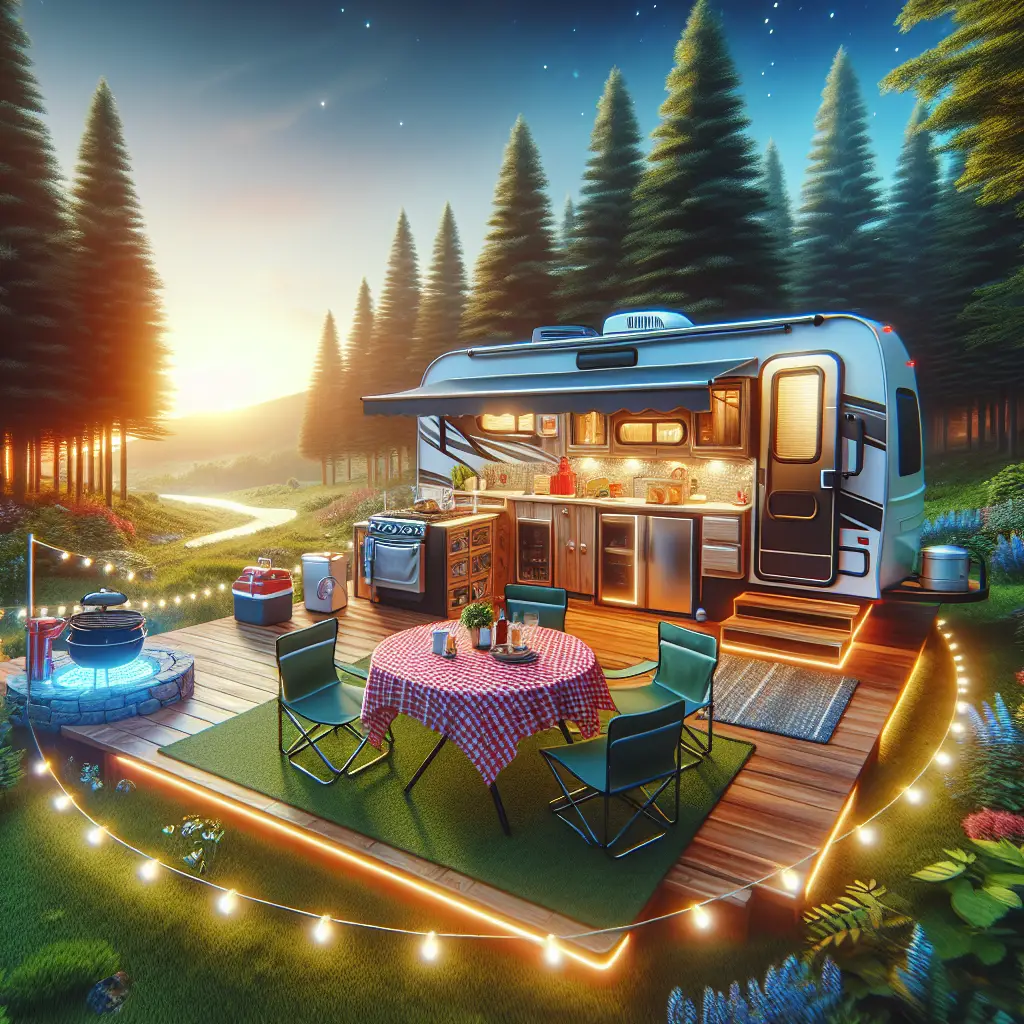 A creative and imaginative artistic rendering depicting RV Outdoor Kitchen Mods