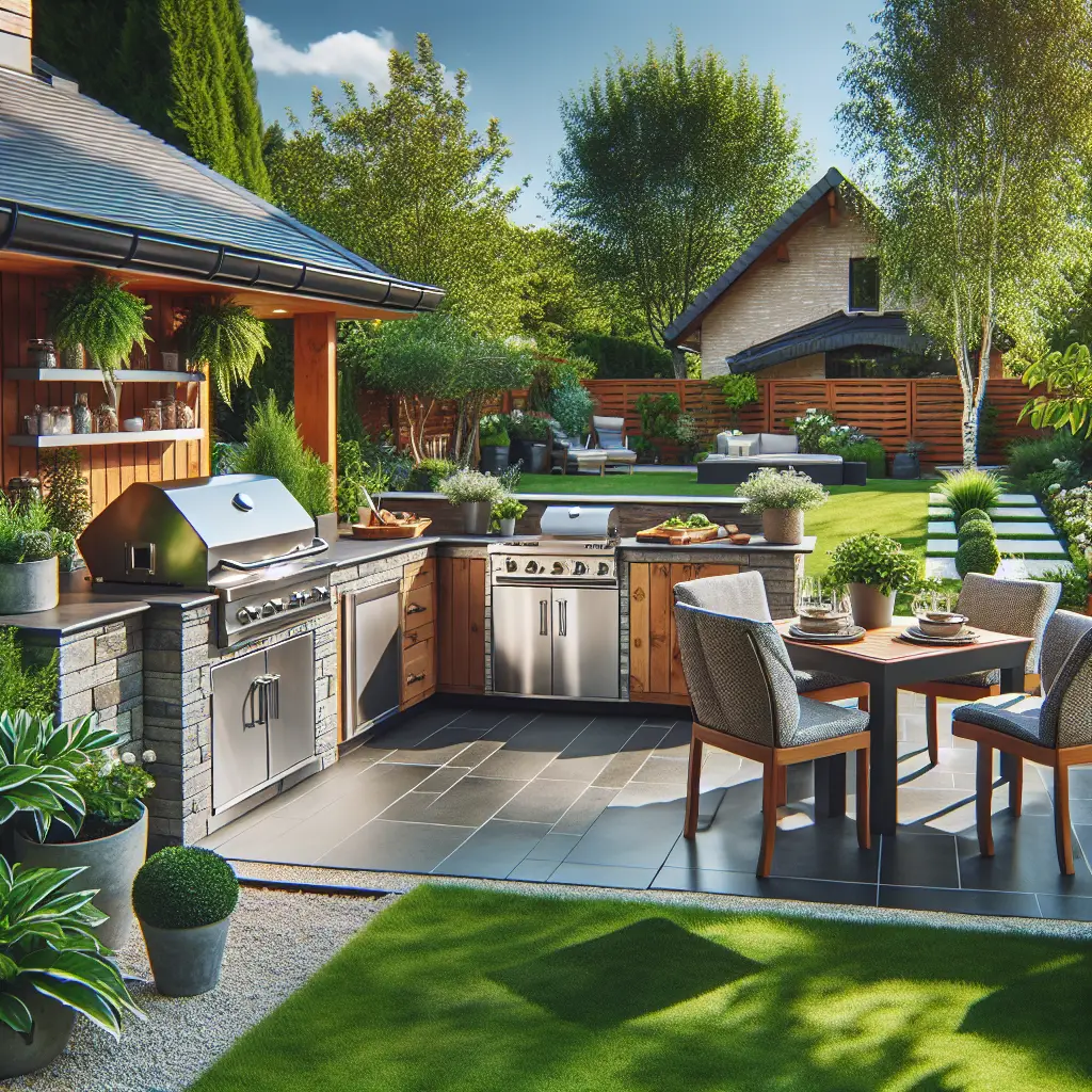 A creative and imaginative artistic rendering depicting How much does an outdoor kitchen add to a homes value